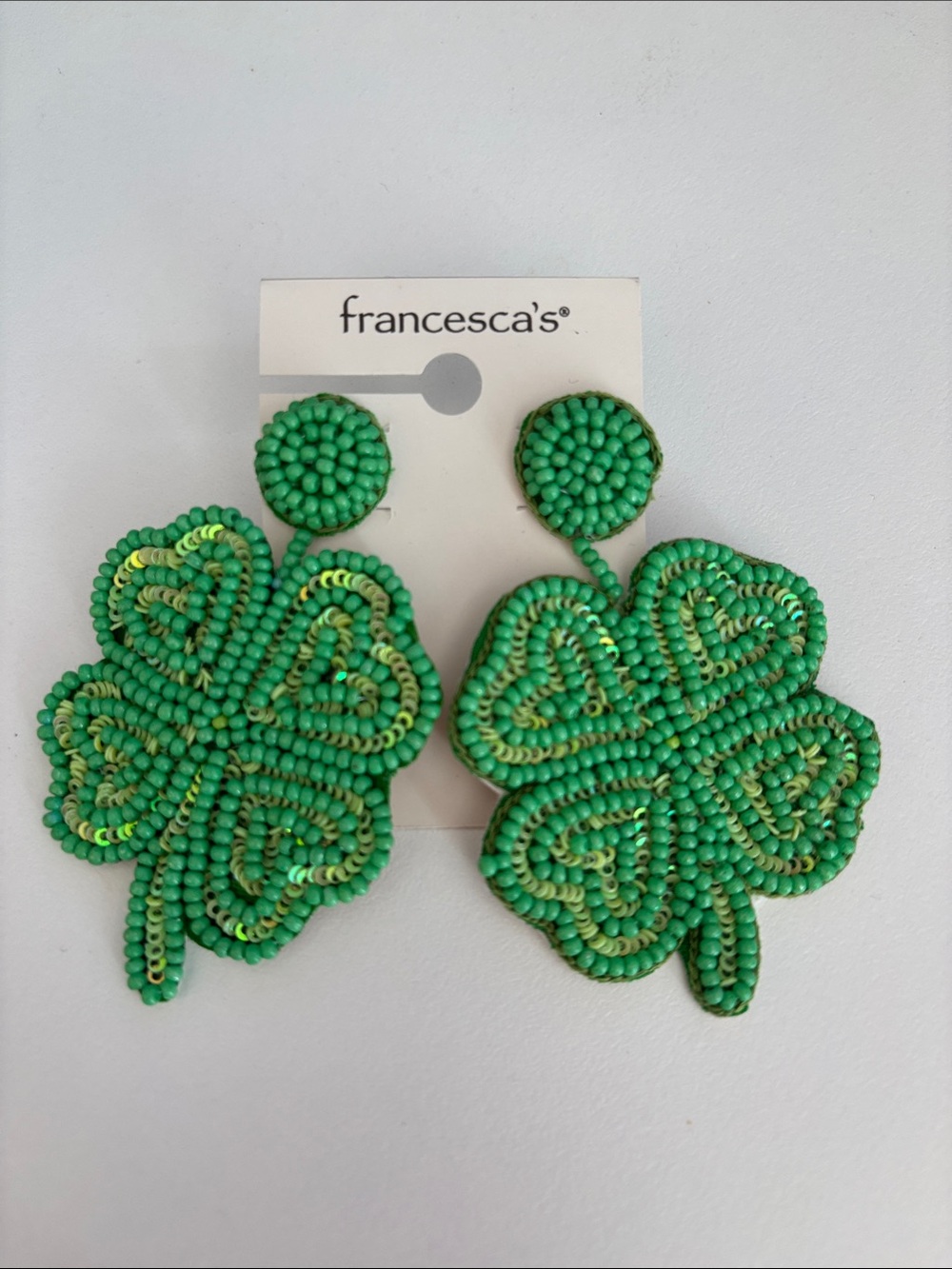 Francesca's Collections Green Beaded Sparkly Four Leaf Drop Earrings